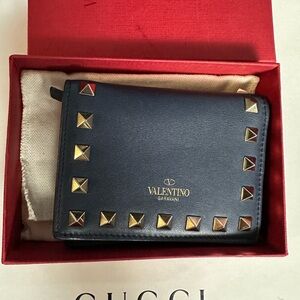 Valentino Garavani Blue Wallet with Gold Pyramid Studs